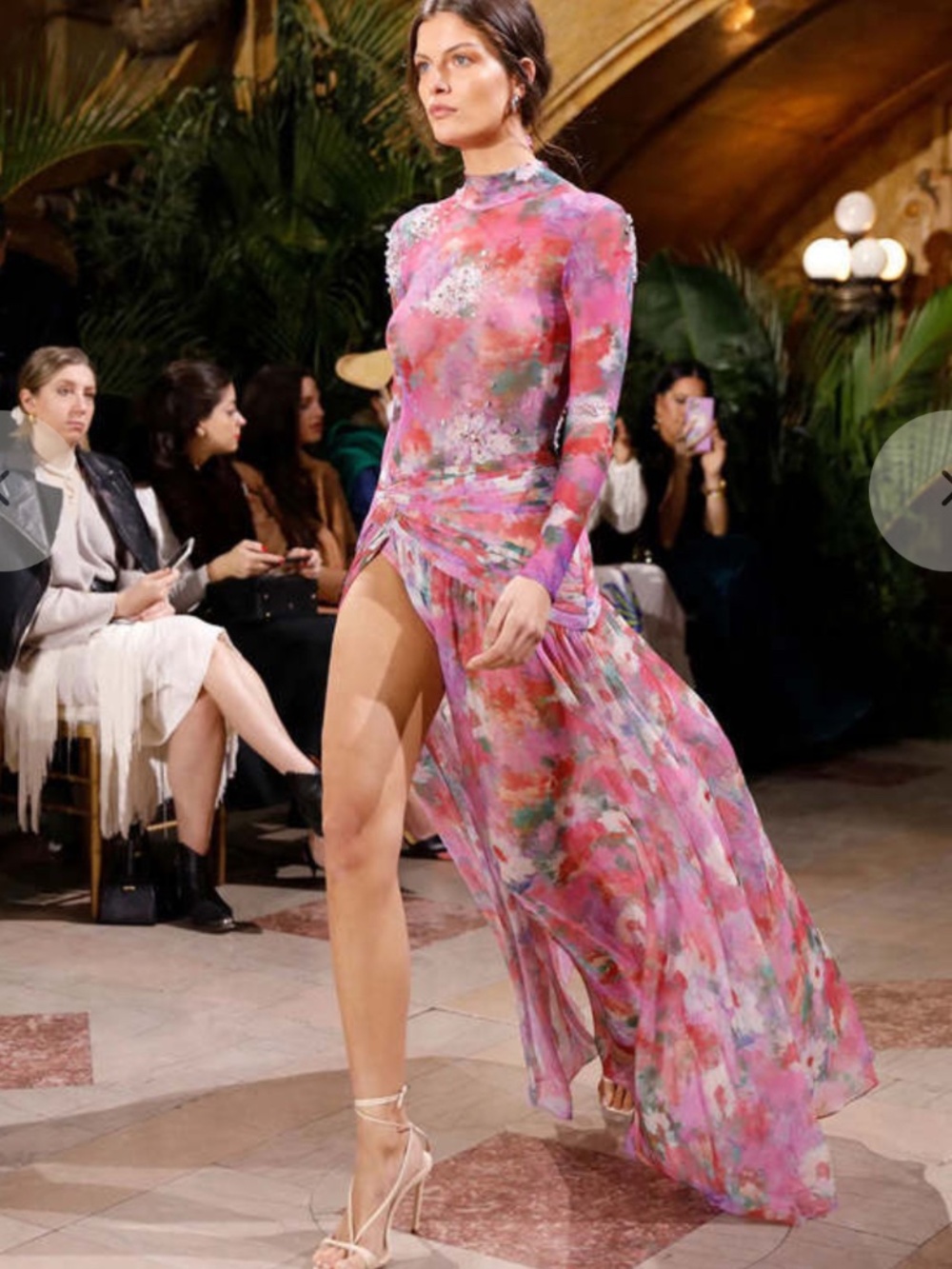 PatBO Printed Tulle High Slit Maxi Skirt in Pink Floral - size 2